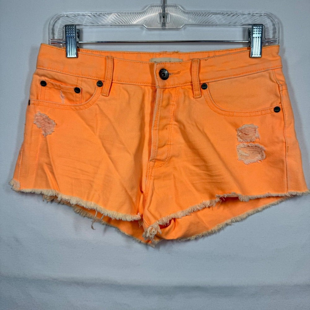 Roxy Denim Shorts Distressed Frayed Hem Orange Button Fly‎ Summer Casual Size 27